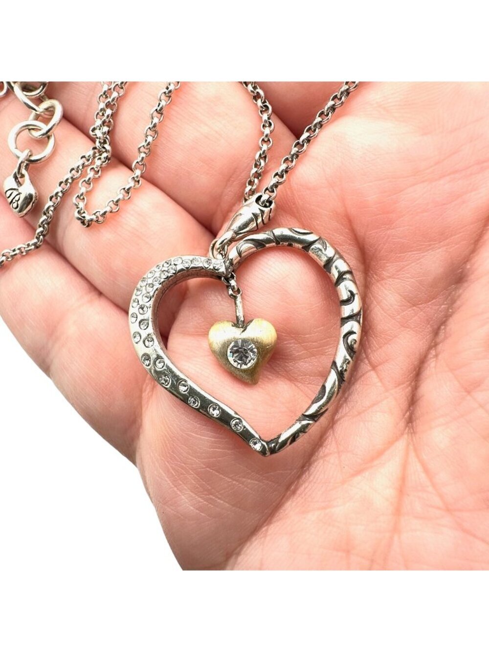 Brighton Womens Necklace Silver Gold Clear Crystal Heart Pendant 16 - 18 Inch